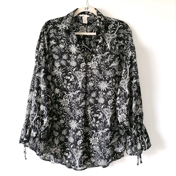 H&M Womens Black White Poet Sleeve Collared Hi Low Hem Floral Blouse Top Size S - Picture 1 of 7
